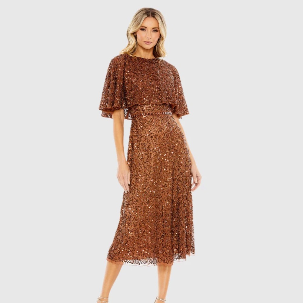 BRAND NEW WITH TAG 
Sz 12 MacDuggal. Cape Dress In Copper